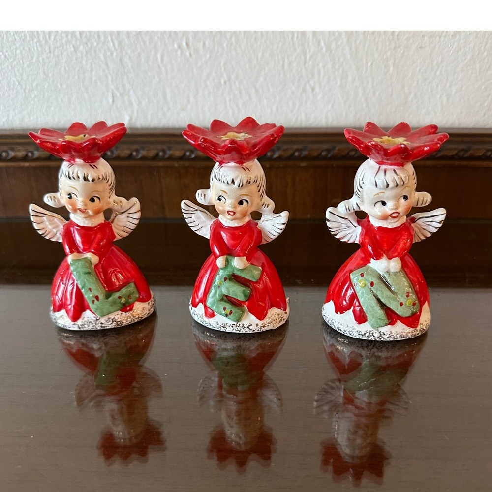 Vintage Napcoware Napco 1628 Poinsettia NOEL Angels Candle Holders *Missing O*